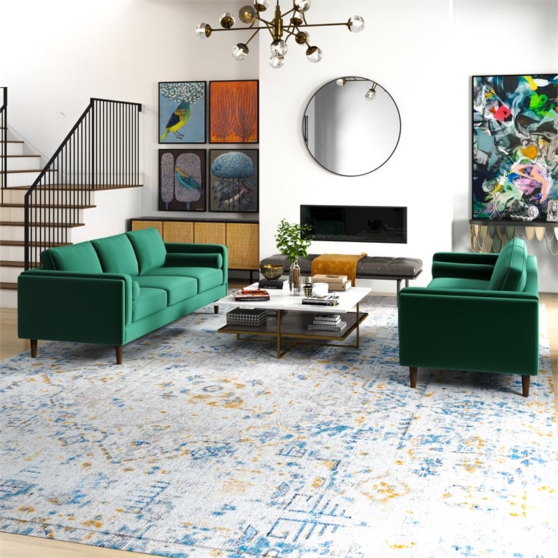 Fatin Mid Century Modern Living Room Velvet Sofa Set in Green