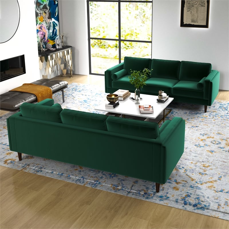 Fatin Mid Century Modern Living Room Velvet Sofa Set in Green