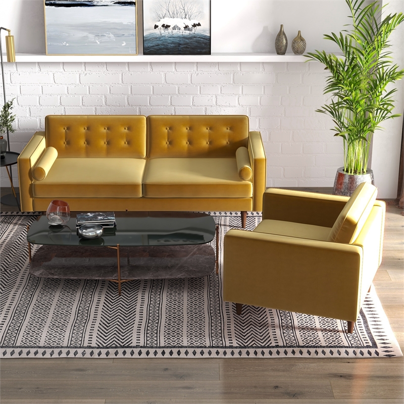Tery Mid Century Modern Living Room Velvet Loveseat and Lounge Chair Set in Gold