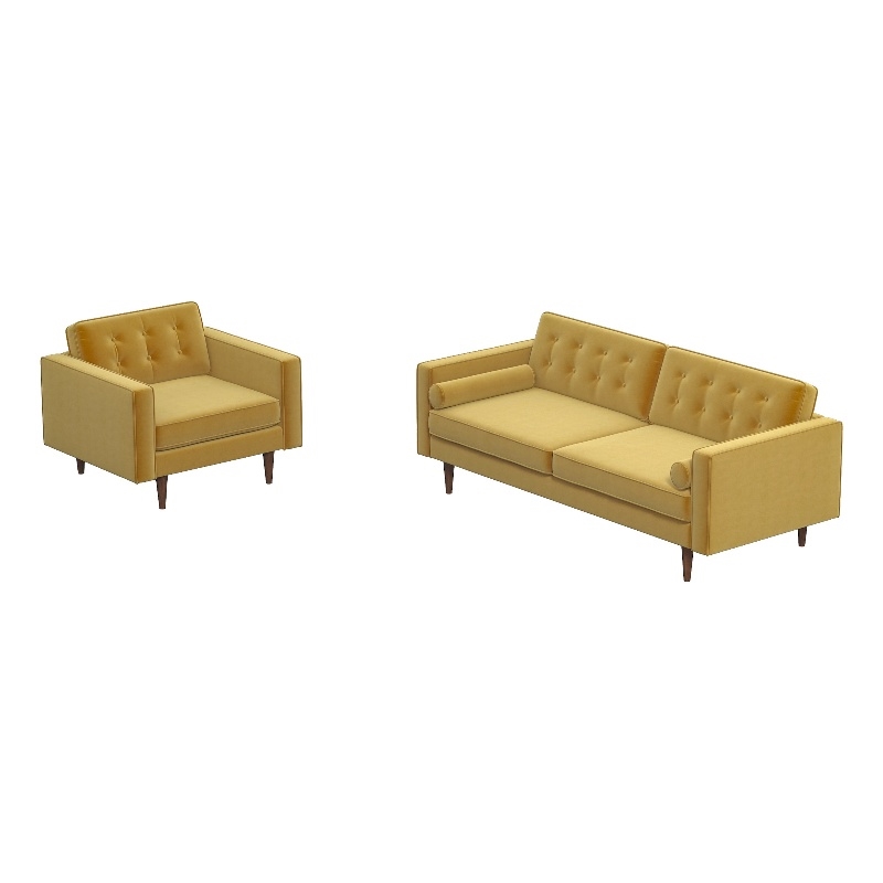 Tery Mid Century Modern Living Room Velvet Loveseat and Lounge Chair Set in Gold
