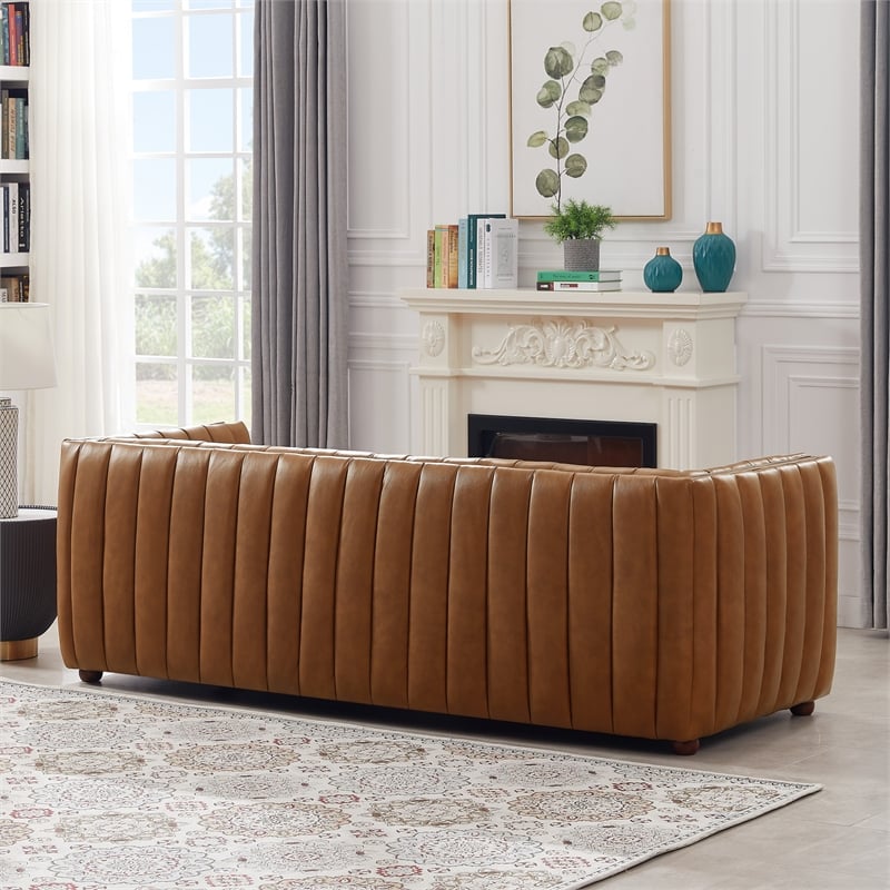 Rasem Mid Century Modern Luxry Tight Back Geniune Leather Couch in Cognac Tan