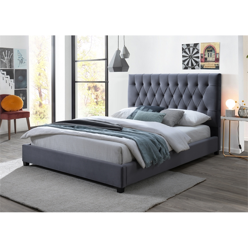 Elda Mid Century Modern Gray Velvet Upholstered Queen Platform Bed