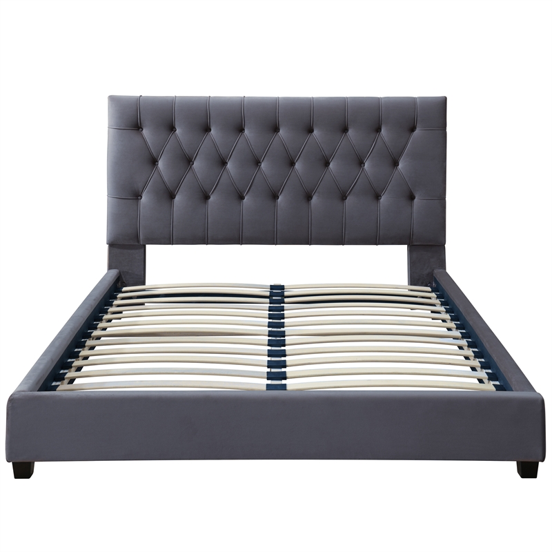 Elda Mid Century Modern Gray Velvet Upholstered Queen Platform Bed