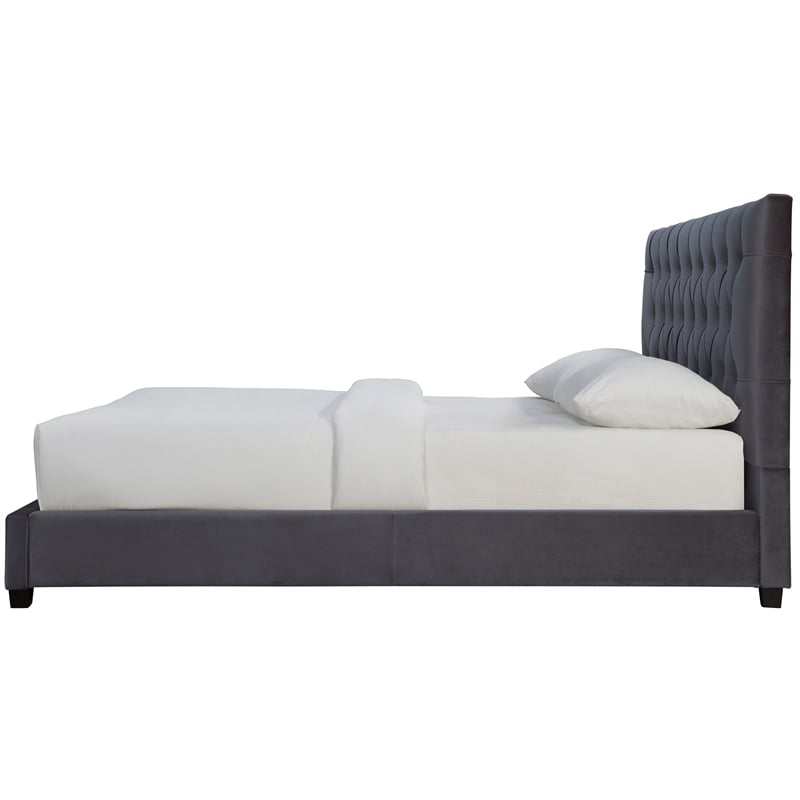 Elda Mid Century Modern Gray Velvet Upholstered Queen Platform Bed