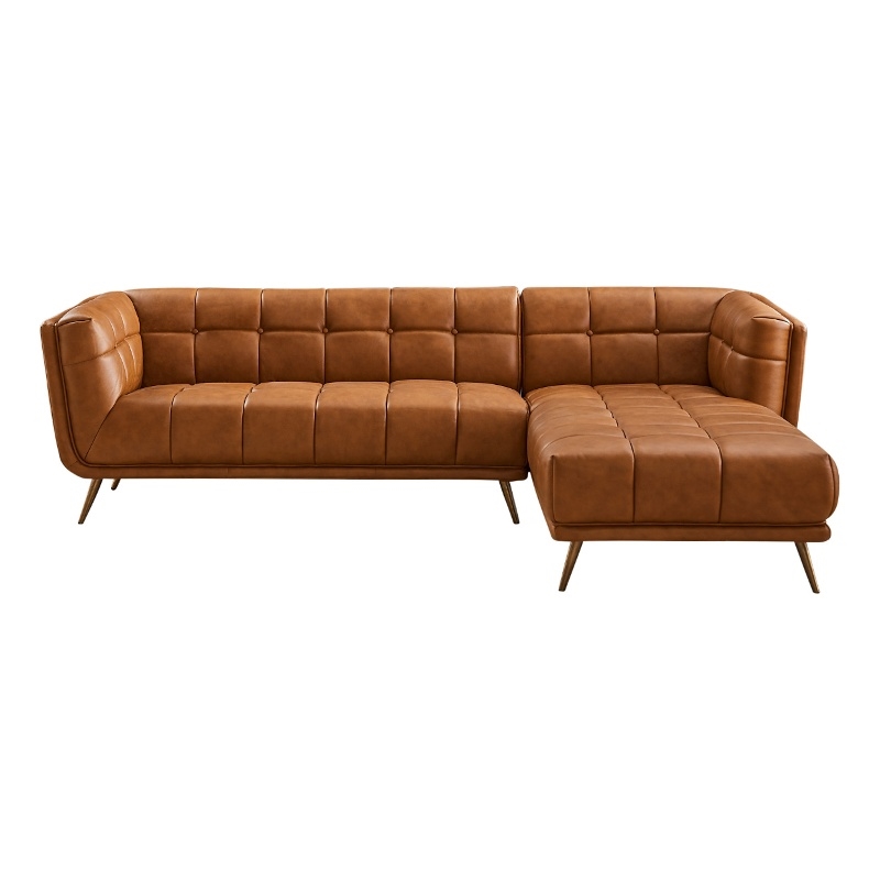 Allen Living Room Chesterfield Cognac Tan Leather Right Corner Sectional Couch