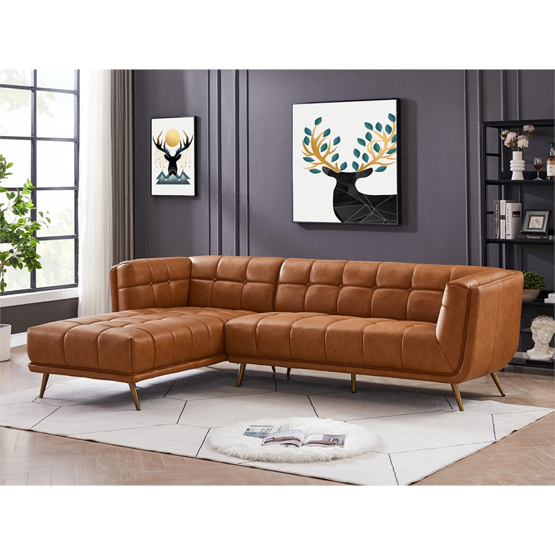 Allen Living Room Chesterfield Cognac Tan Leather Left Corner Sectional Couch