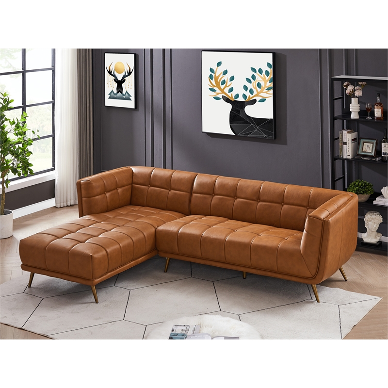 Allen Living Room Chesterfield Cognac Tan Leather Left Corner Sectional Couch
