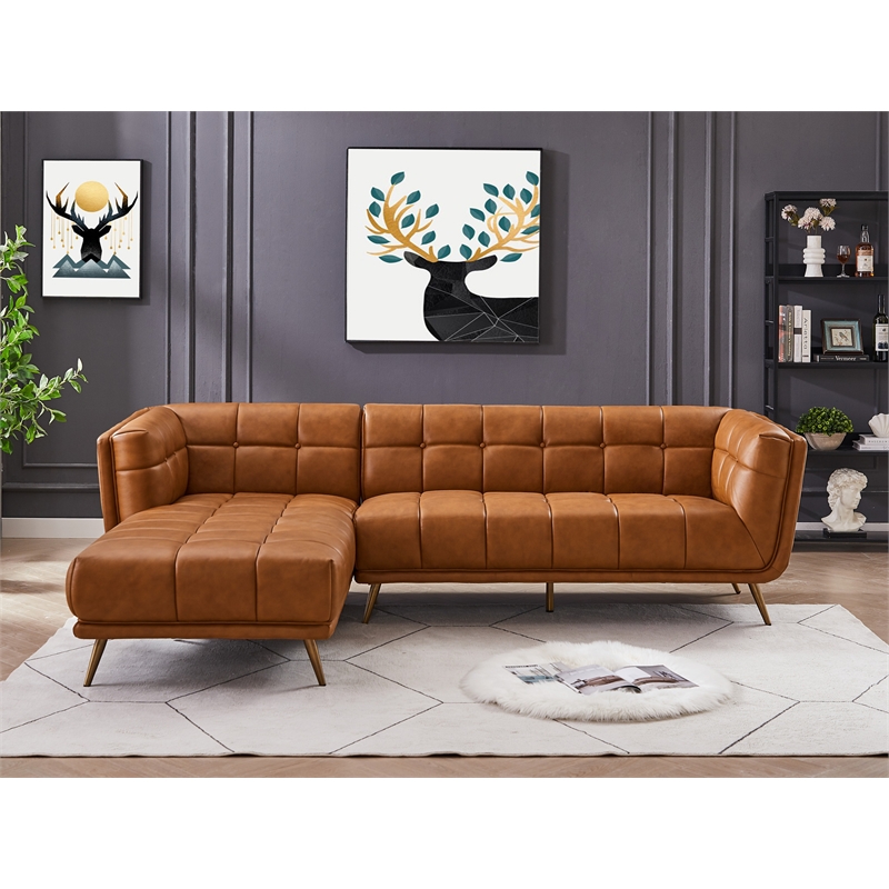 Allen Living Room Chesterfield Cognac Tan Leather Left Corner Sectional Couch