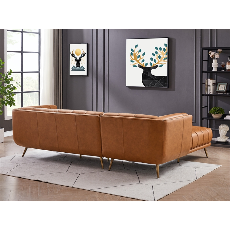 Allen Living Room Chesterfield Cognac Tan Leather Left Corner Sectional Couch