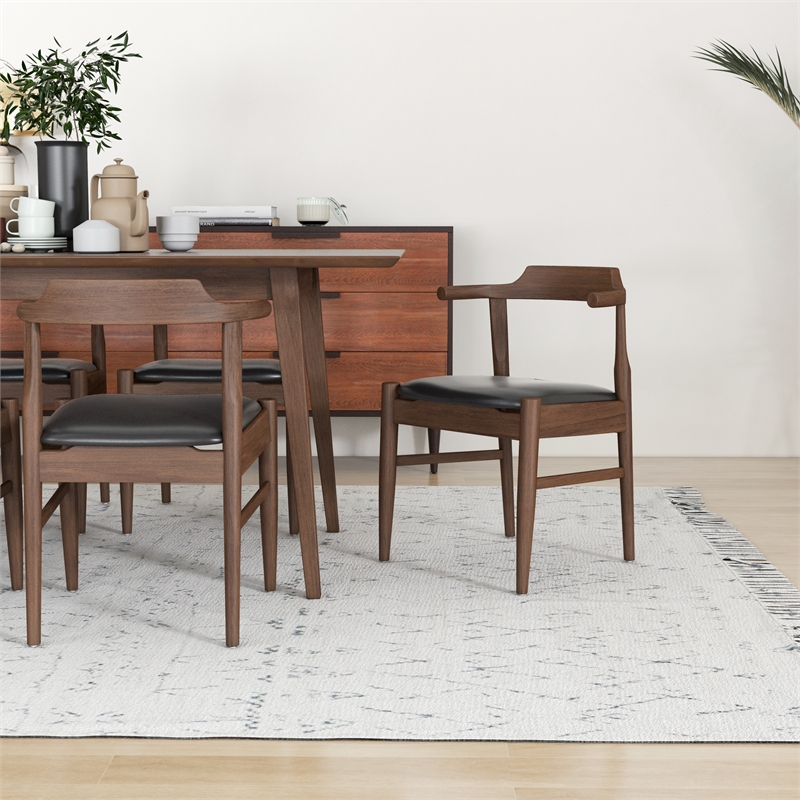 Dartmouth Modern Solid Wood Walnut Dining Table and 6 Black Leather Chair Set