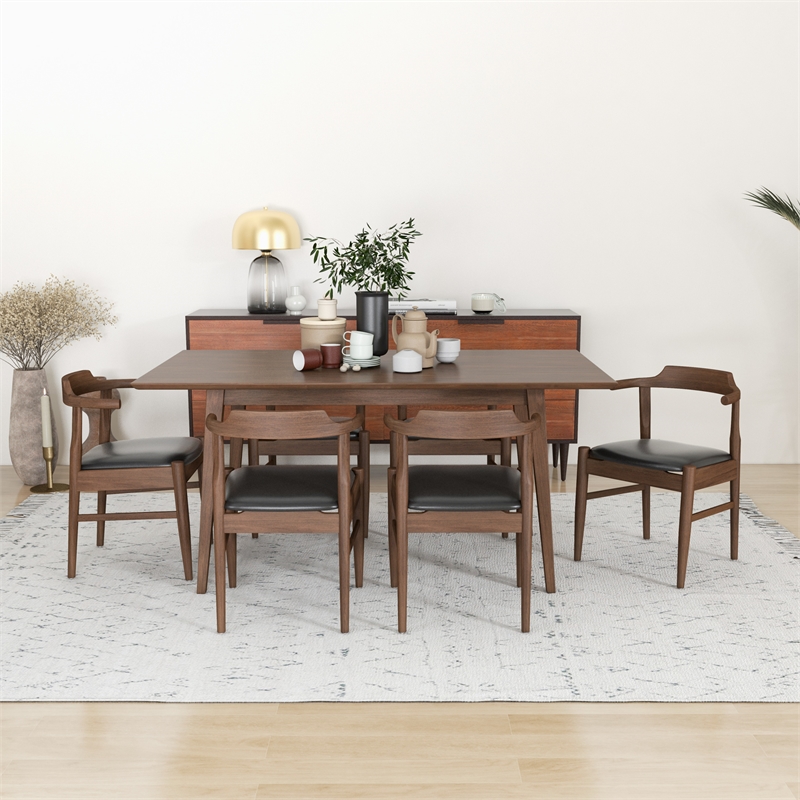 Dartmouth Modern Solid Wood Walnut Dining Table and 6 Black Leather Chair Set