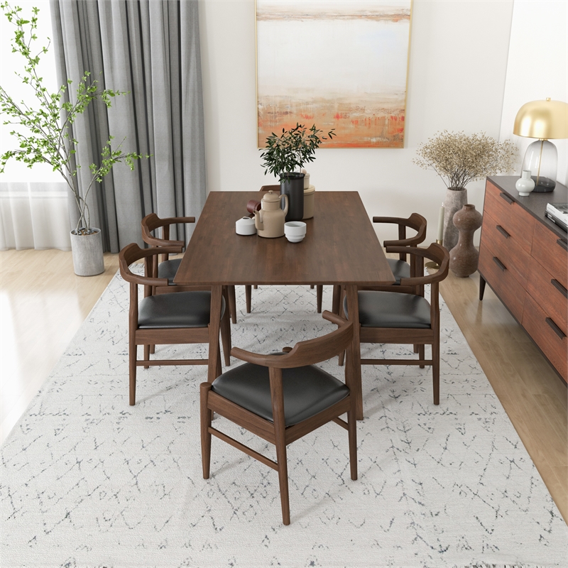 Dartmouth Modern Solid Wood Walnut Dining Table and 6 Black Leather Chair Set
