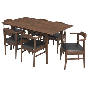 dartmouth modern solid wood walnut dining table and 6 black leather chair set