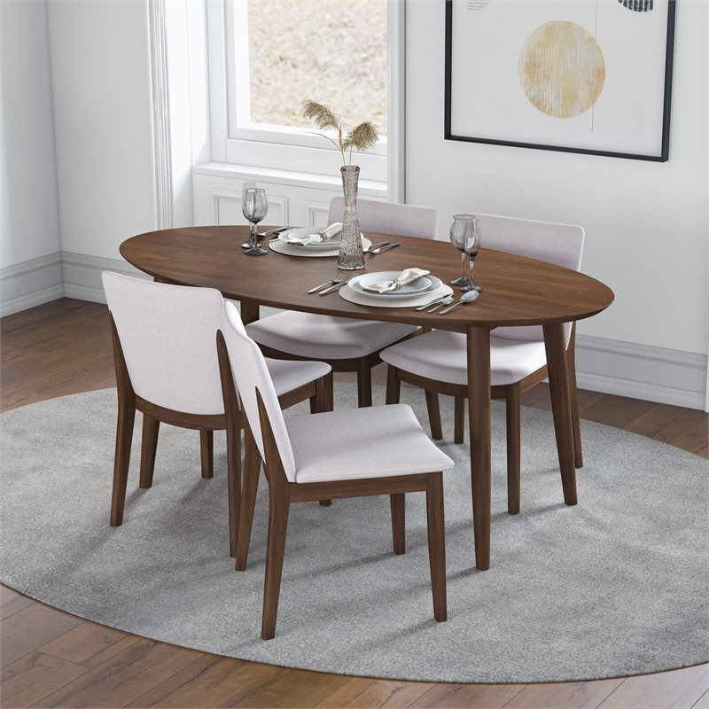 Kenza Mid Century Modern Kitchen Table and Beige Fabric Chairs for 4