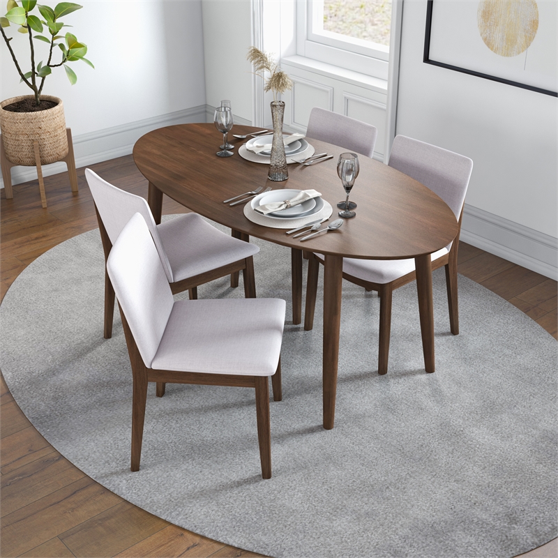 Kenza Mid Century Modern Kitchen Table and Beige Fabric Chairs for 4