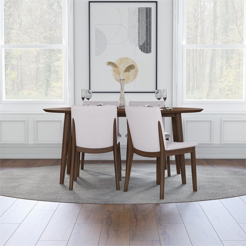 Kenza Mid Century Modern Kitchen Table and Beige Fabric Chairs for 4