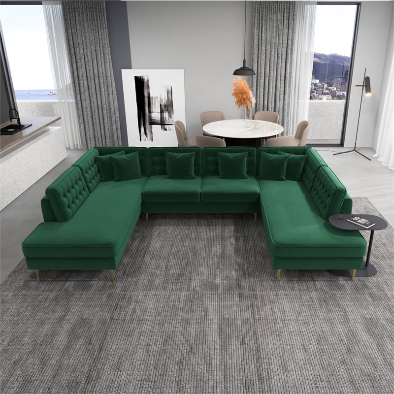 Cale Modern Living Room U-Shaped Velvet Corner Sectional Couch in Green