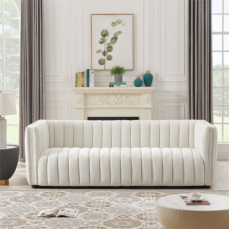 Rasem Modern Luxry Tight Tufted Back Cream French Boucle Fabric Couch