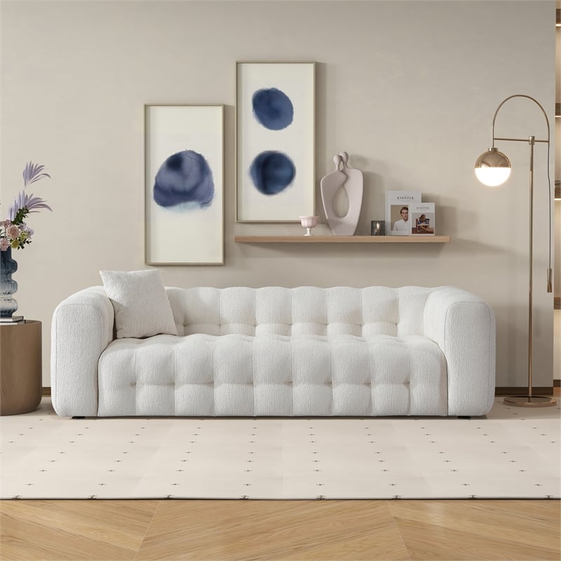 Ashcroft Marsi Luxry Chesterfield French Boucle Fabric Couch in Cream