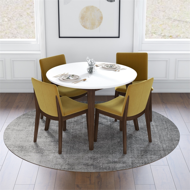 Pala Modern Solid Wood White Top Round Dining Room&Kitchen Table and 4 Chair Set