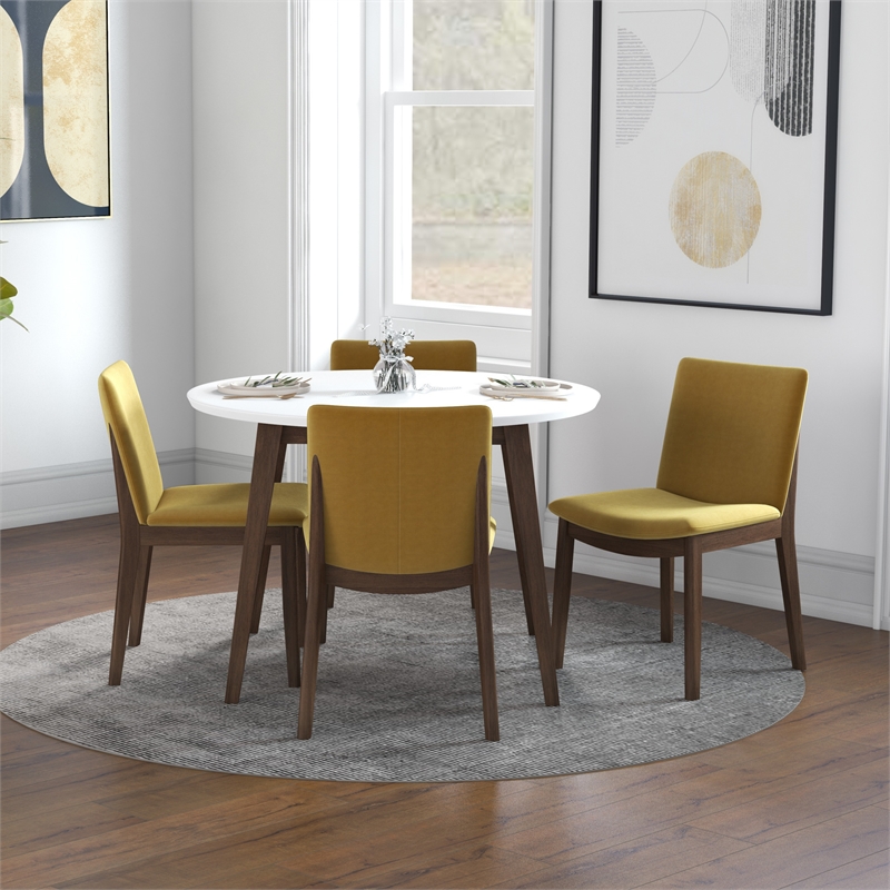 Pala Modern Solid Wood White Top Round Dining Room&Kitchen Table and 4 Chair Set