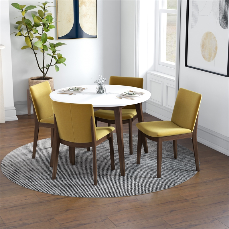 Pala Modern Solid Wood White Top Round Dining Room&Kitchen Table and 4 Chair Set