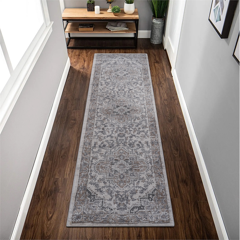 Usak Collection 2' x 8' Silver Oriental Distressed Non-Shedding Area Rug