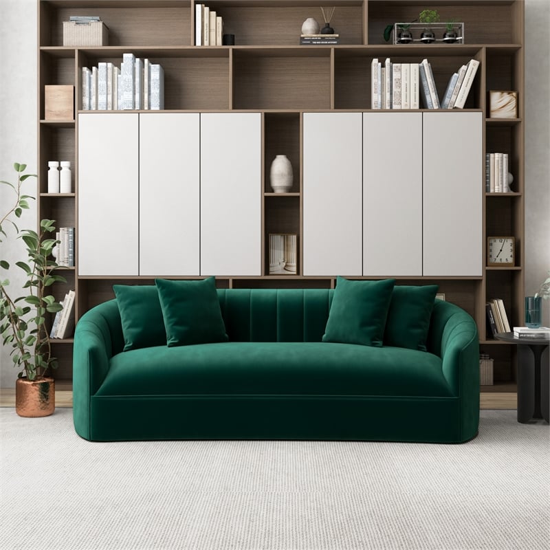 Kont Mid Century Modern Japandi Style Tight Back Velvet Couch in Green