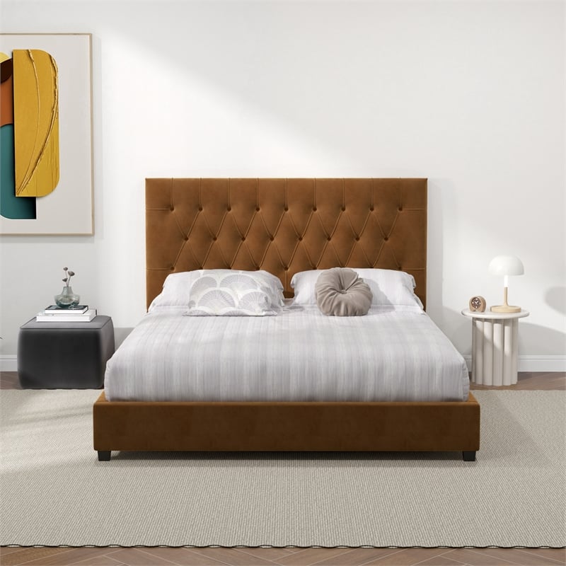 Elda Mid Century Modern Cognac Tan Velvet Upholstered Queen Platform Bed