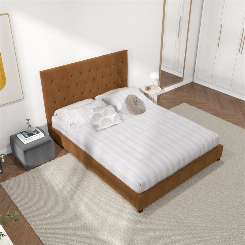Elda Mid Century Modern Cognac Tan Velvet Upholstered Queen Platform Bed