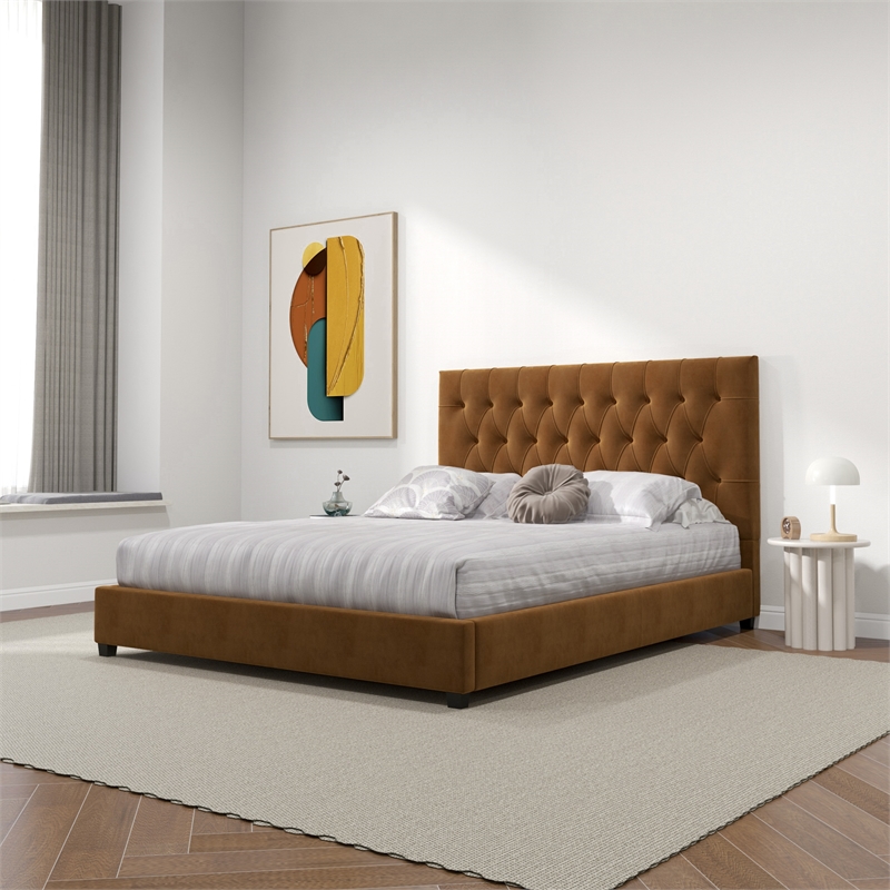 Elda Mid Century Modern Cognac Tan Velvet Upholstered Queen Platform Bed