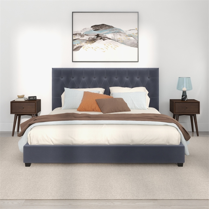 Elda Mid Century Modern Gray Velvet Upholstered King Platform Bed