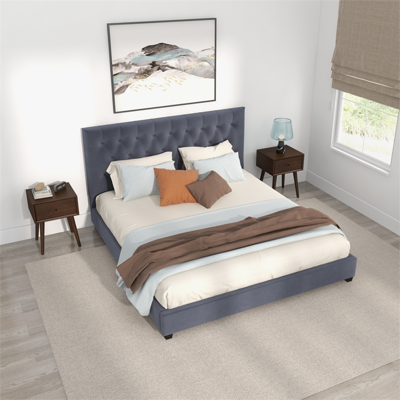 Elda Mid Century Modern Gray Velvet Upholstered King Platform Bed
