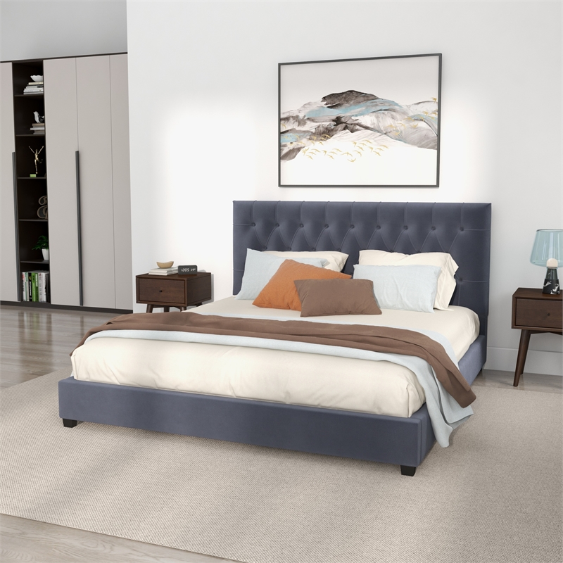 Elda Mid Century Modern Gray Velvet Upholstered King Platform Bed