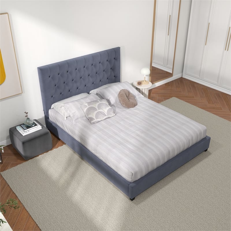 Elda Mid Century Modern Gray Velvet Upholstered Queen Platform Bed