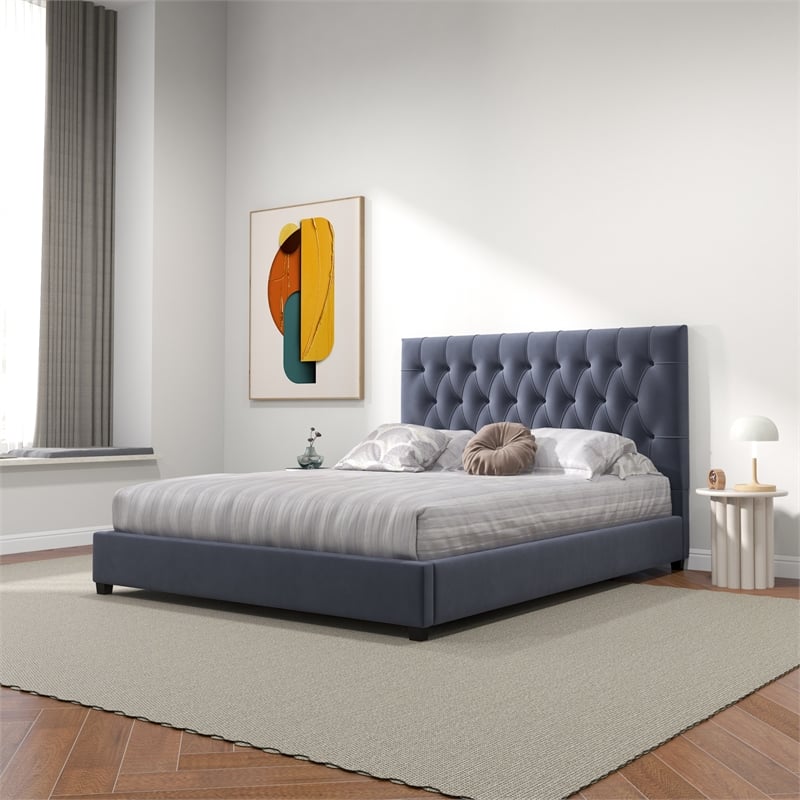 Elda Mid Century Modern Gray Velvet Upholstered Queen Platform Bed
