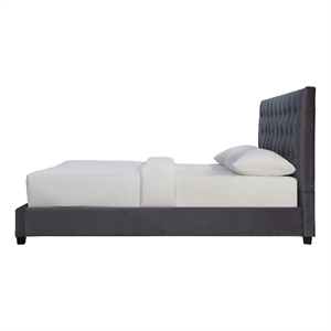 Elda Mid Century Modern Gray Velvet Upholstered Queen Platform Bed