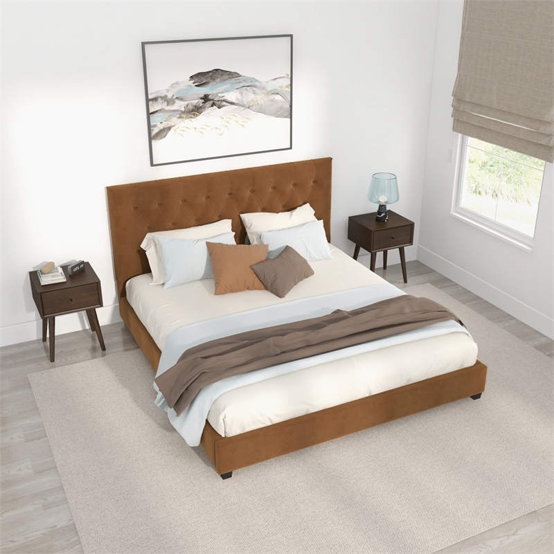 Elda Mid Century Modern Cognac Tan Velvet Upholstered King Platform Bed