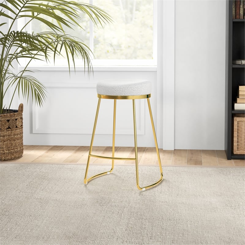Bergman Luxury Cream Boucle Fabric Tufted Kitchen Counter Gold Metal Stool