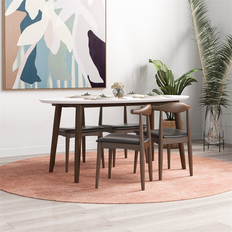 Aslan Modern Solid Wood Walnut Oval Dining Table and Chair Furniture Set for 4
