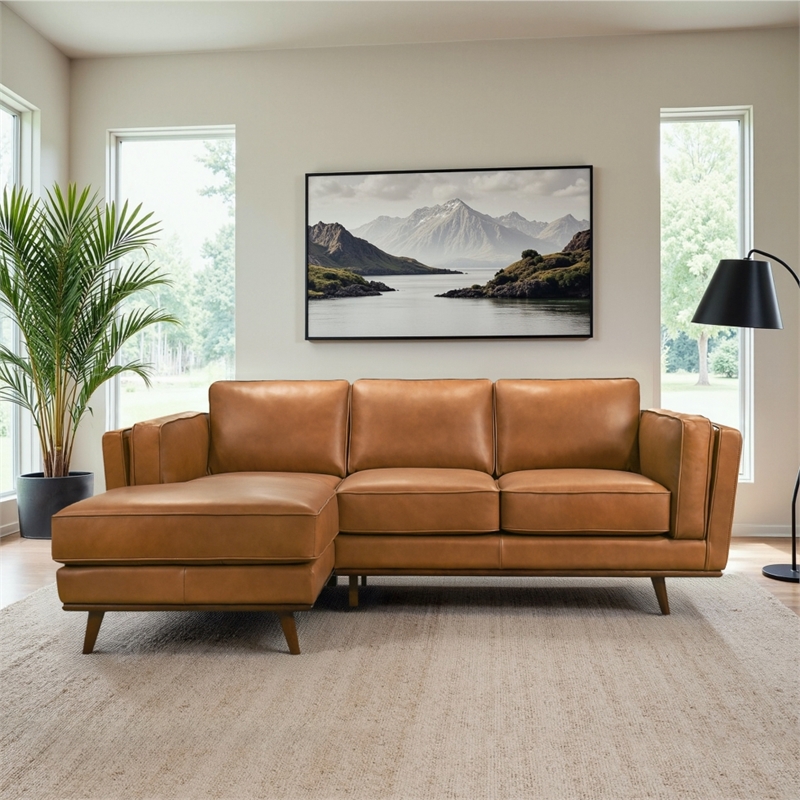 Augusta Mid Century Style Living Room Tan Genuine Leather Left Sectional Couch