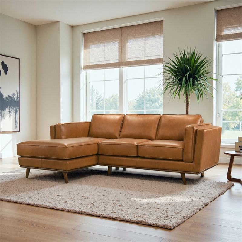 Augusta Mid Century Style Living Room Tan Genuine Leather Left Sectional Couch