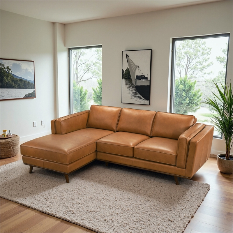 Augusta Mid Century Style Living Room Tan Genuine Leather Left Sectional Couch