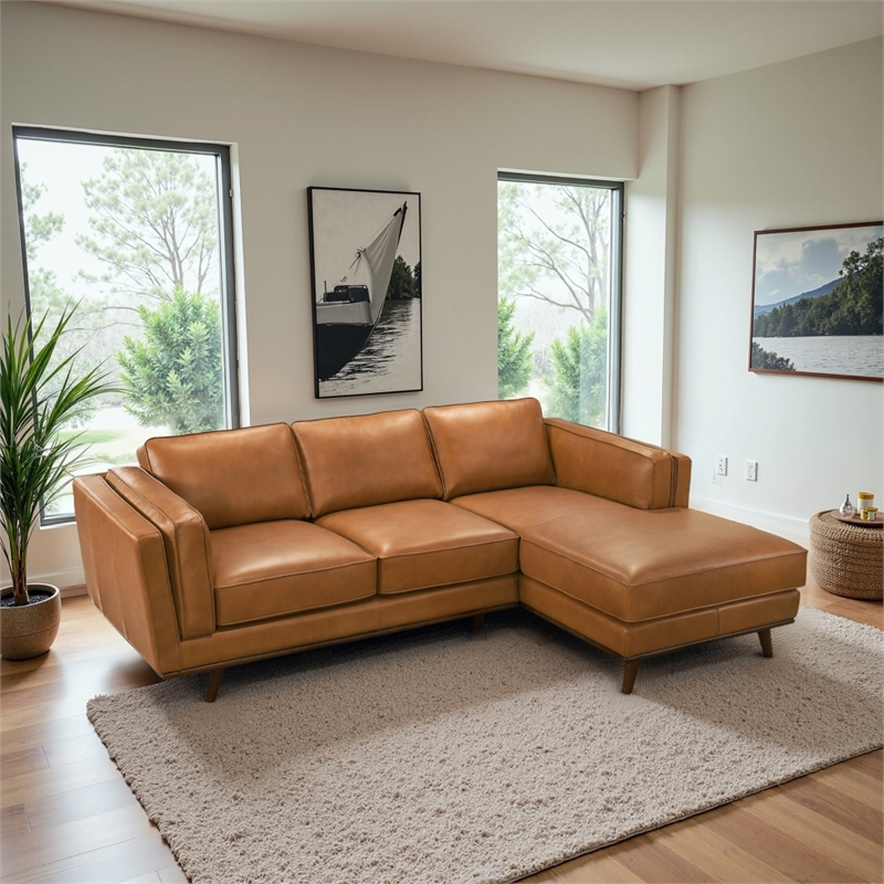 Augusta Mid Century Style Living Room Tan Genuine Leather Right Sectional Couch