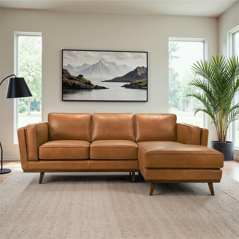 Augusta Mid Century Style Living Room Tan Genuine Leather Right Sectional Couch