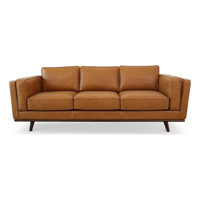Augusta Modern Style Living Room Cushion Back Genuine Leather Sofa in Tan