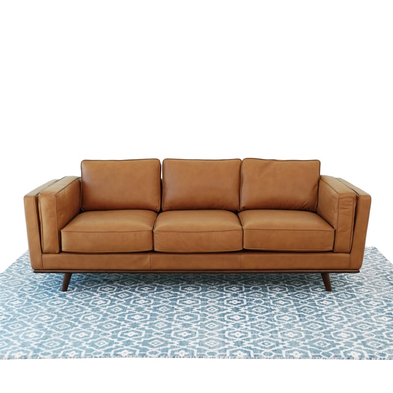 Augusta Modern Style Living Room Cushion Back Genuine Leather Sofa in Tan