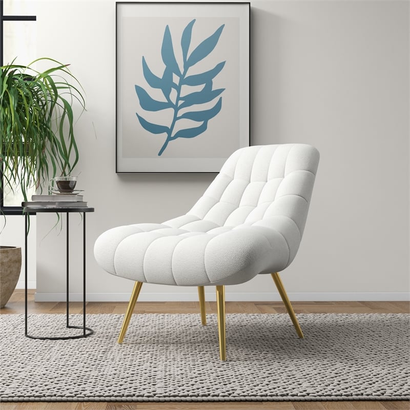 Eden Mid Century Furniture Style Comfortable Cream Fabric Boucle Lounge Chair