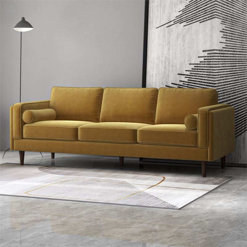 Helena Modern Living Room Pillow Back Dark Yellow Velvet Upholstered Sofa