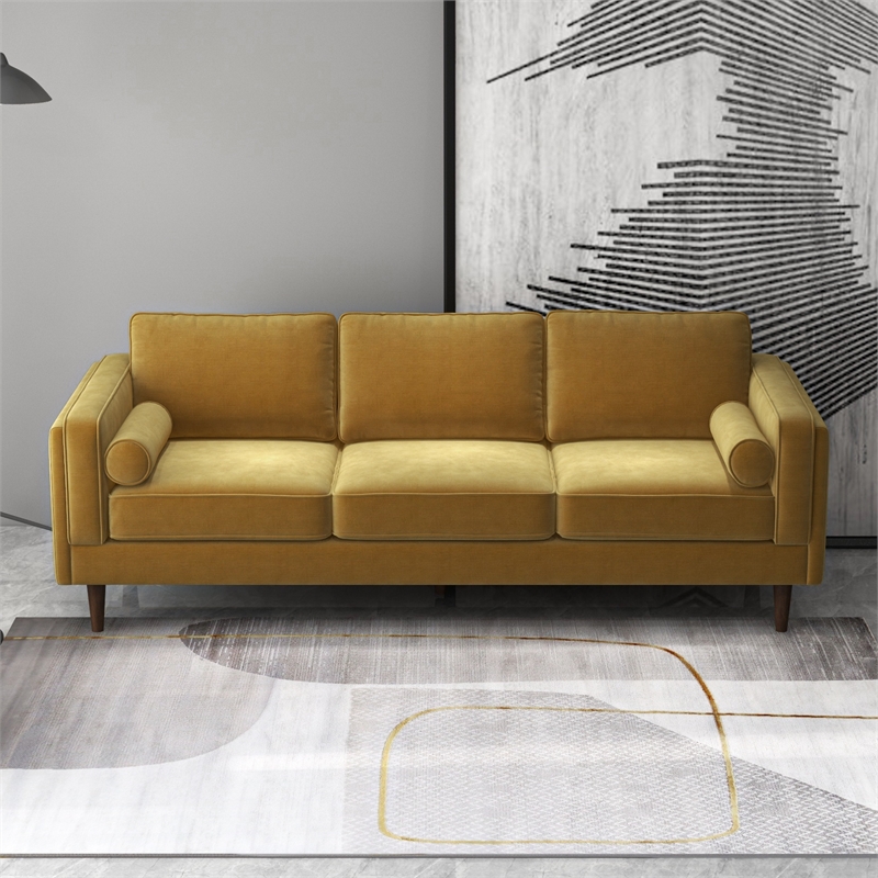 Helena Modern Living Room Pillow Back Dark Yellow Velvet Upholstered Sofa